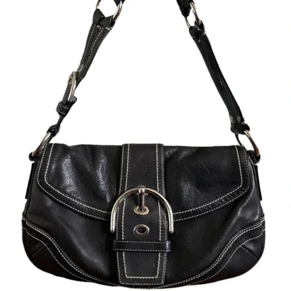 Coach • Black Leather Buckle Flap Hobo Shoulder Bag Handbag RARE Braided Strap